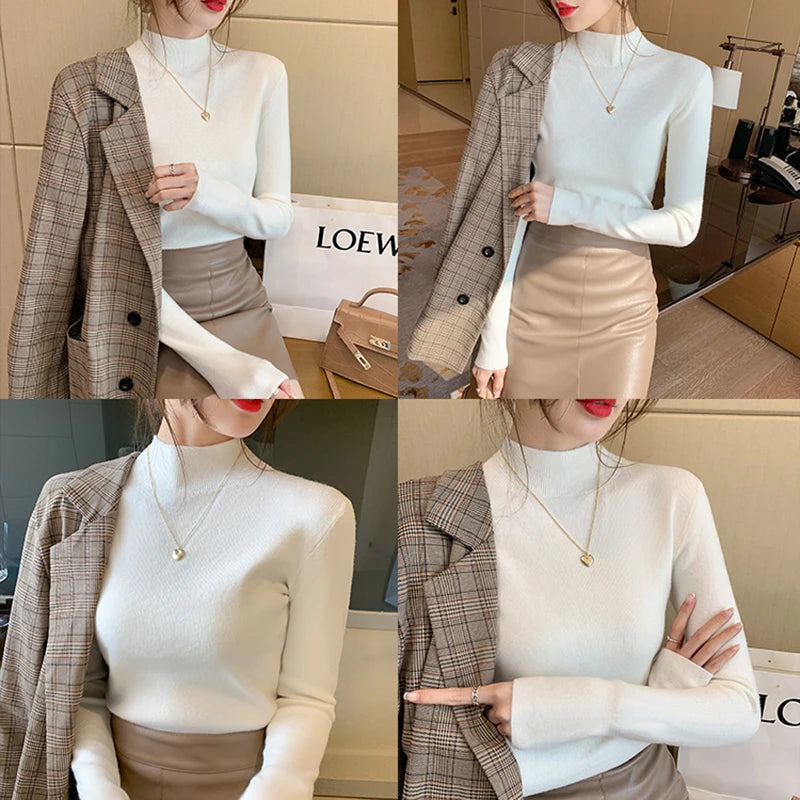 AOSSVIAO Turtleneck Sweater Women Fashion 2026 New Stretch Tops Women Knitted Pullovers Long Sleeve Bottoming Knitted Sweater