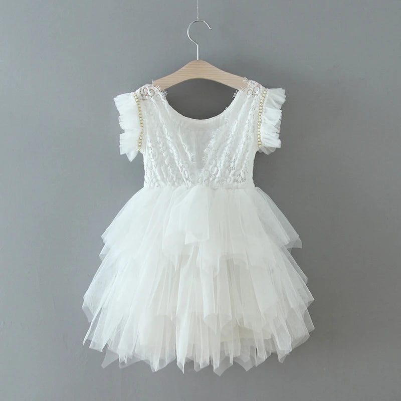 New Girl Dress Kids Flower Princess  Beading Dress for Baby Birthday Kids Flutter Sleeve Cake Dresses Children Clothing Caramel