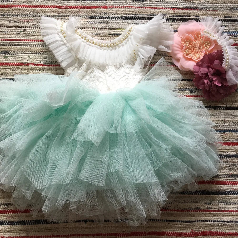 Spanish Toddler Girls Beading Dress for Baby Baptism Dress Birthday Kids Flutter Sleeve Tutu Princess Vestido Clothing