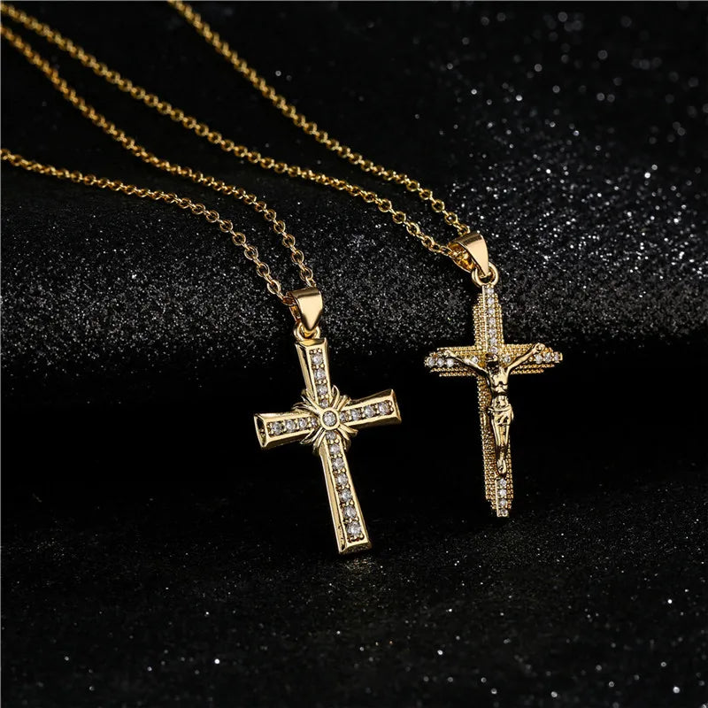 Newbuy Gold Color Jesus Cross Pendant Stainless Steel Chain Necklace For Women'S Men Classic Design Christain Jewelry
