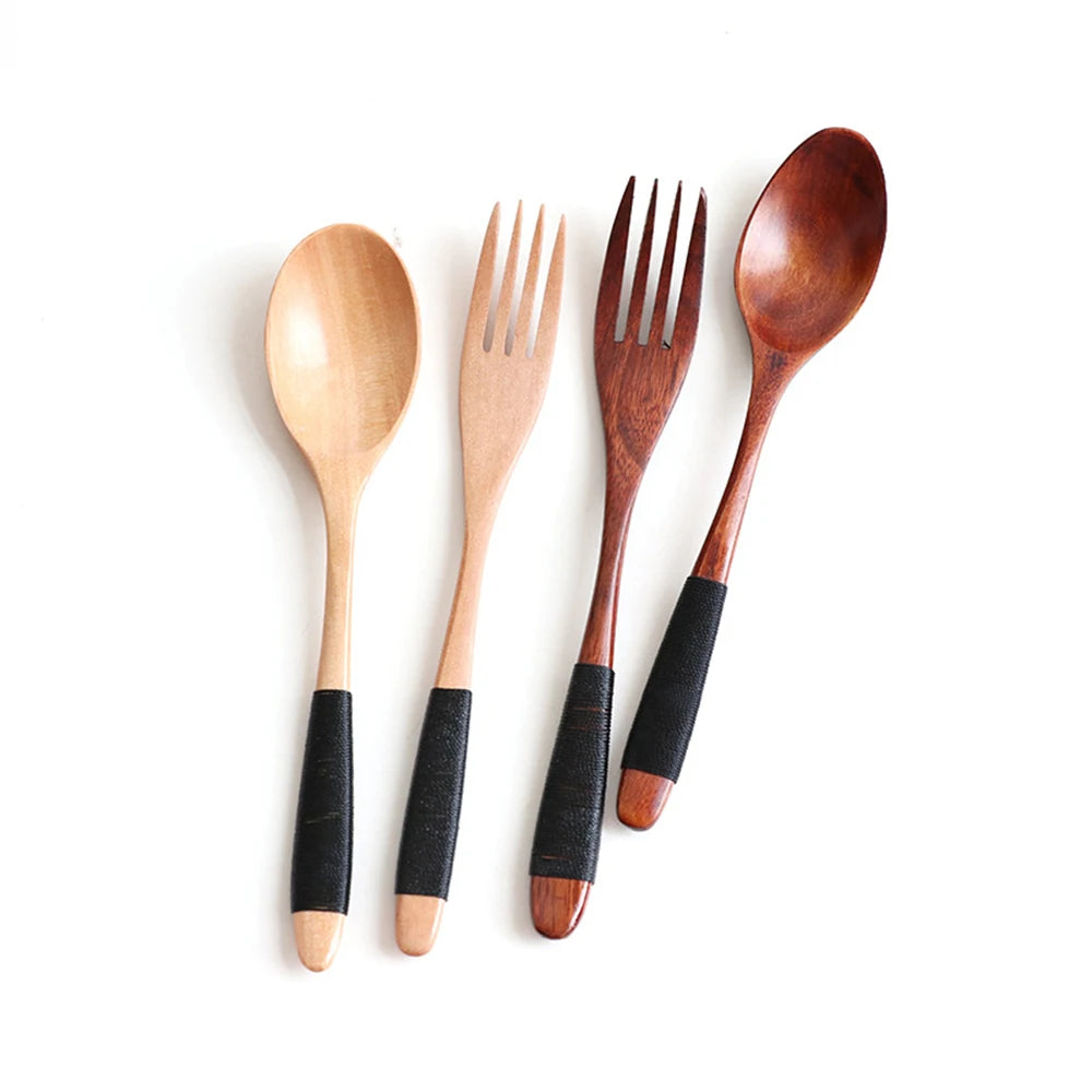 2 Cucharas y Tenedores de Madera Natural para Cena, Kit de Utensilios para Arroz, Sopas, Cereales, Hecho a Mano, Vajilla para Mesa de Hogar, Cubiertos para Cocina
