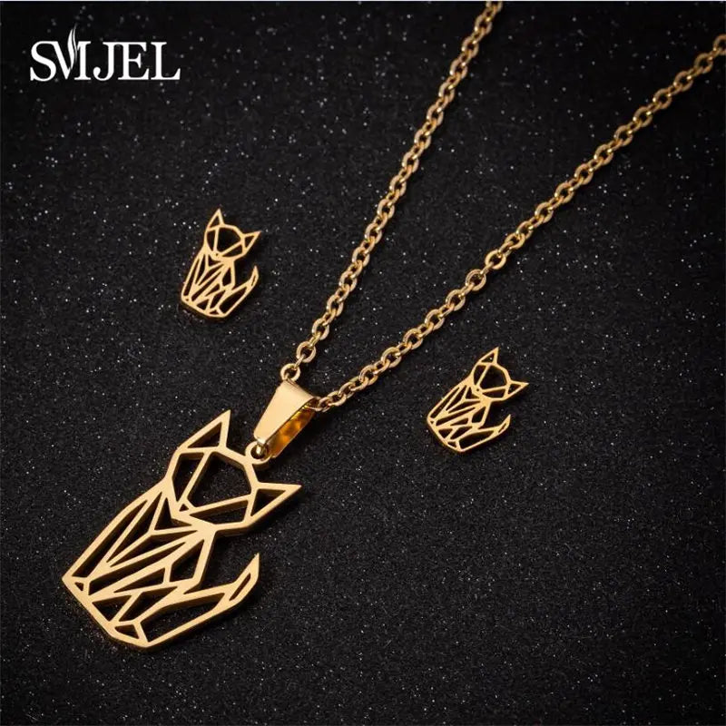 Hermoso juego de joyas de acero inoxidable con forma de gato gatito de color dorado, collares para hombre, collares de moda, pendientes de gato huecos, collar de pata