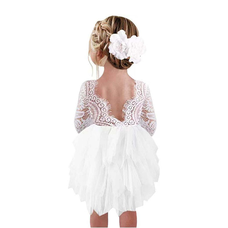 Toddler Girl Ruffles Bridesmaid Dress for Kids Lace Open Back Long Sleeve Tutus Flowers Girls Wedding Costume Clothing