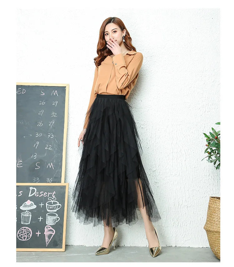 Fashion Tutu Tulle Skirt Women Long Maxi Skirt 2024 Spring Summer Korean Black Pink High Waist Pleated Skirt Female