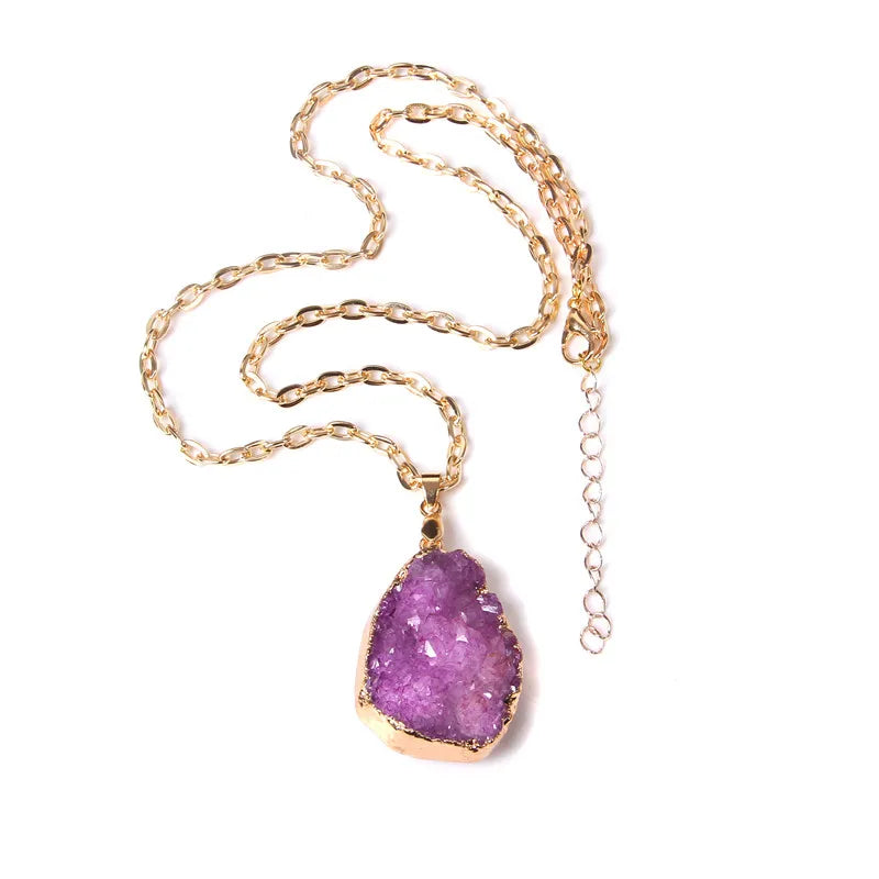 Metal chain healing energy necklace for women Dyed Natural crystal agat druzy crystal Minerals gem stone pendant charm necklace