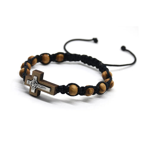 Cross Bracelet Pine Wood Beads Handwoven Unisex Timeless Spiritual Jewelry For Him And Her