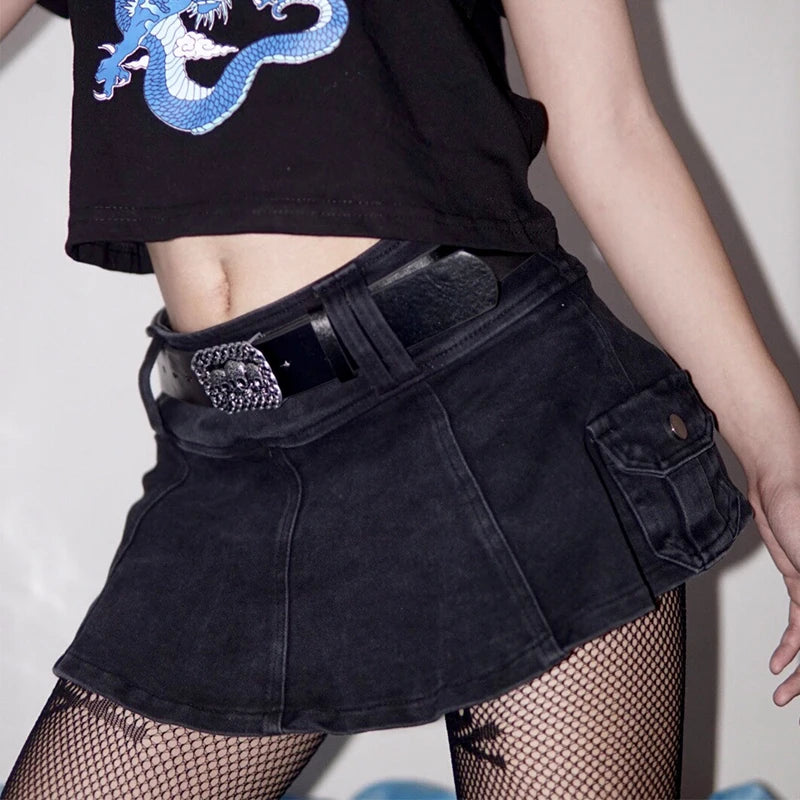 AltGoth Harajuku Y2k Denim Skirt Women Dark Gothic Streetwear Mini Skirt with Skull Belt Mall Goth Punk Grunge Sexy Emo Clubwear