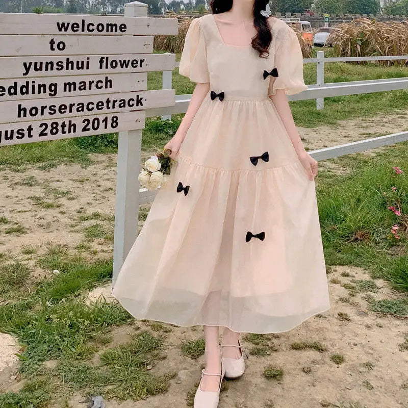 French Square Neck Puff Sleeve Dress Women Mesh Bow Loose Long Summer New Purple Dresses Female