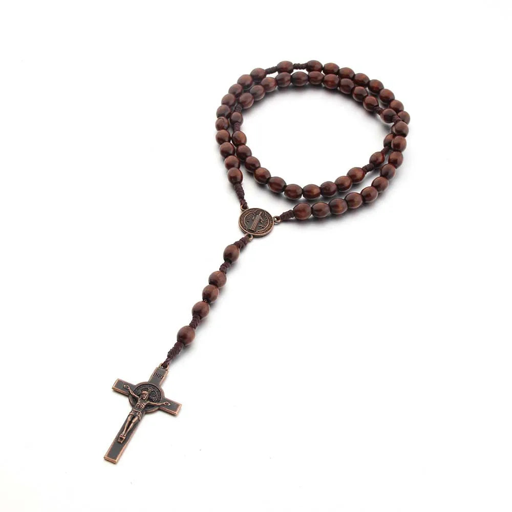 Jesus Cross Pendant Necklace Catholic Rosary Christian Religious Cross Hand Made Wooden Beads Exorcism Necklace Vintage Jewelry
