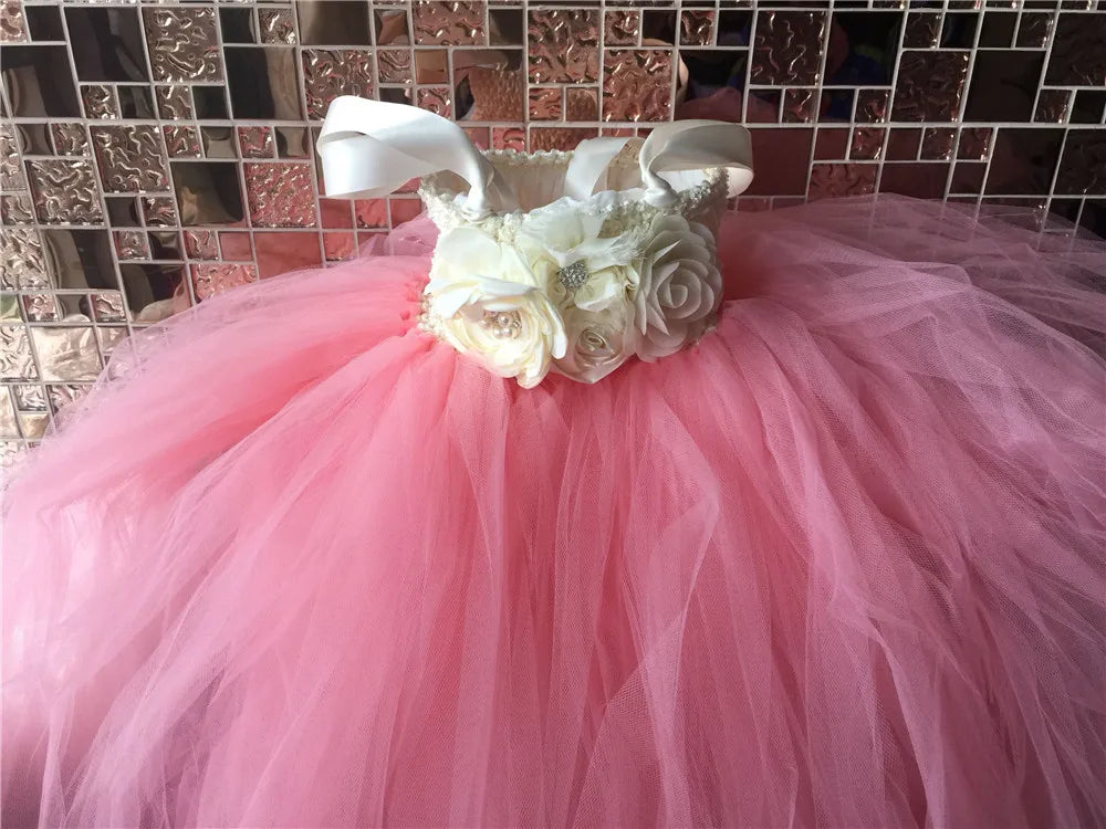 Lovely Girls Dirty Pink Tutu Dress Kids Crochet Flower Dress with Straps and Roses Children Birthday Party Cosplay Costume Dress