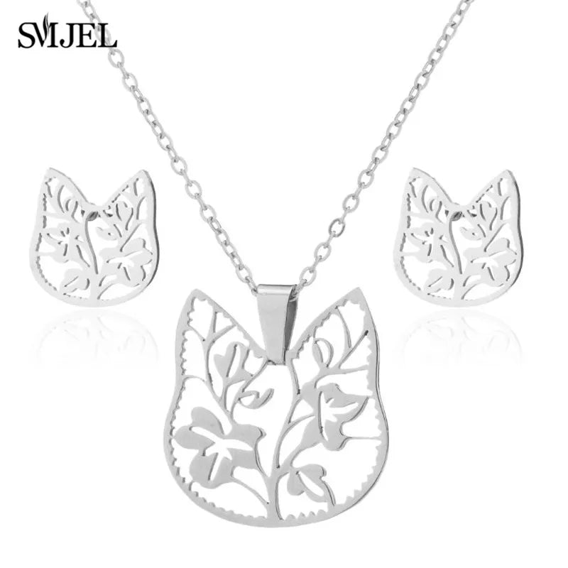 Hermoso juego de joyas de acero inoxidable con forma de gato gatito de color dorado, collares para hombre, collares de moda, pendientes de gato huecos, collar de pata