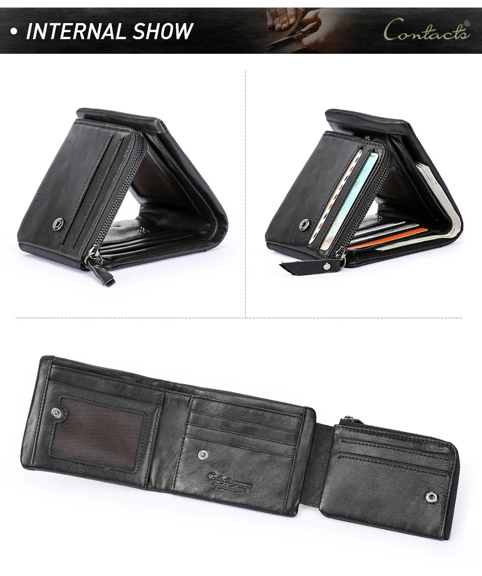 Contact’S Men’s Trifold Wallet - Genuine Crazy Horse Cowhide Leather