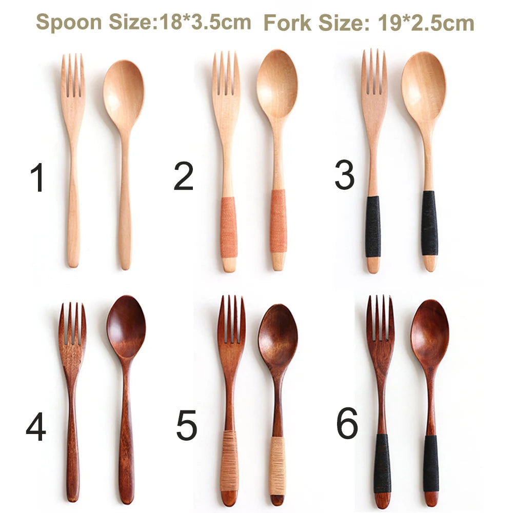 2 Cucharas y Tenedores de Madera Natural para Cena, Kit de Utensilios para Arroz, Sopas, Cereales, Hecho a Mano, Vajilla para Mesa de Hogar, Cubiertos para Cocina
