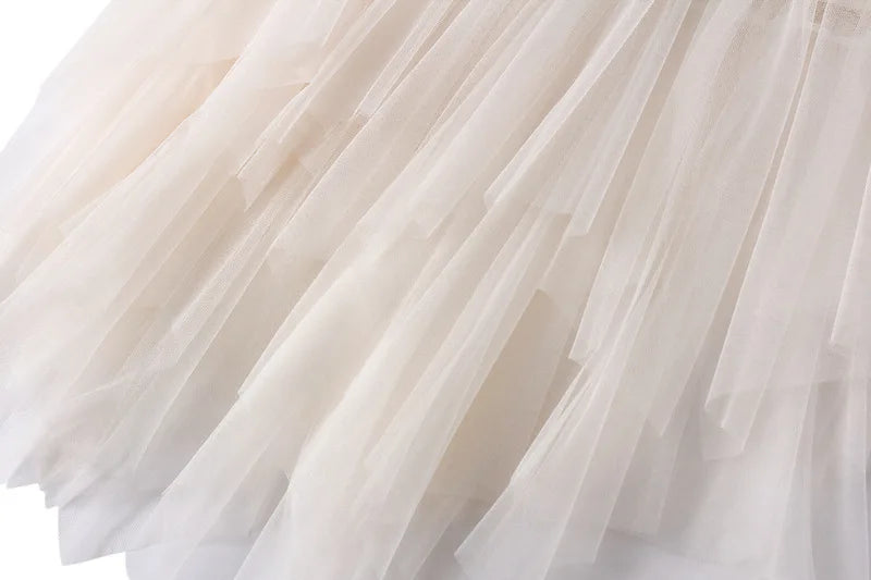 OHRYIYIE Women irregular Long Tulle Skirts Ladies High Waist Ankle-Length Tutu Maxi Skirts Beige Green Female Faldas Jupe Femme