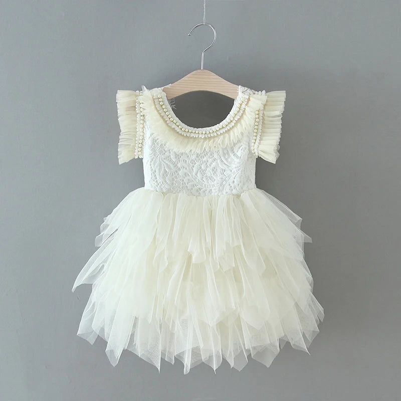 New Girl Dress Kids Flower Princess  Beading Dress for Baby Birthday Kids Flutter Sleeve Cake Dresses Children Clothing Caramel