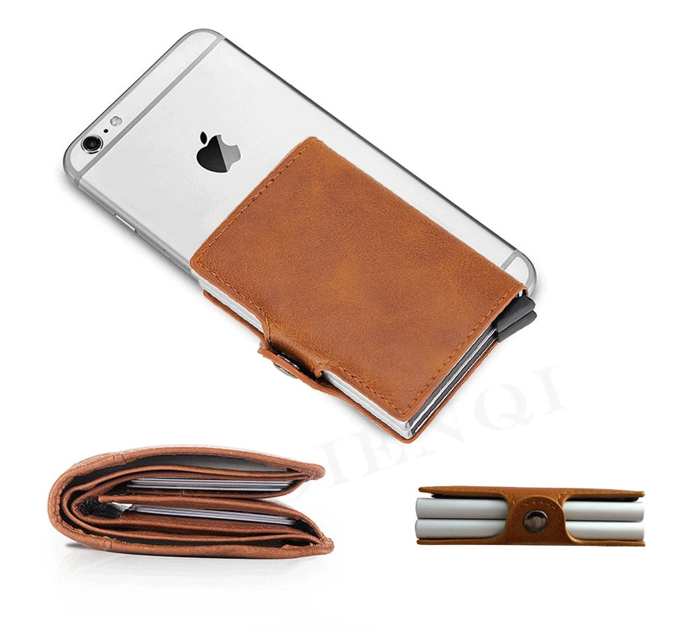 RFID Blocking Men Wallet Credit Card Holder Leather Card Wallet Double Metal Box ID Card Holder Money Clip Purse New 2023