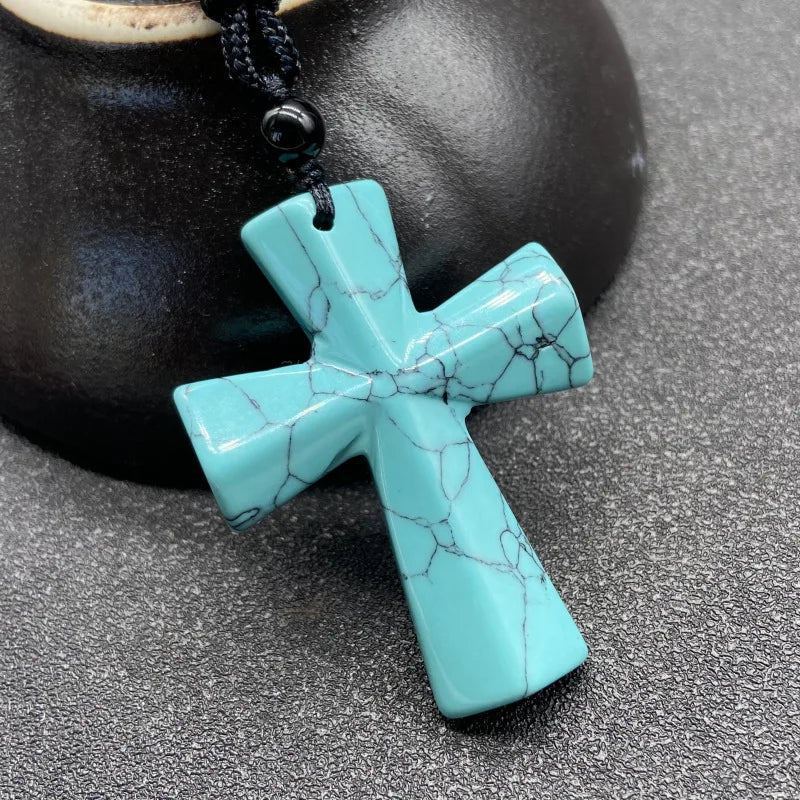 Joya Hand Carved Gemstone Cross Pendant Necklace For Men & Women'S With Adjustable Rope Quartz Crystal Jesus Punk Jewelry