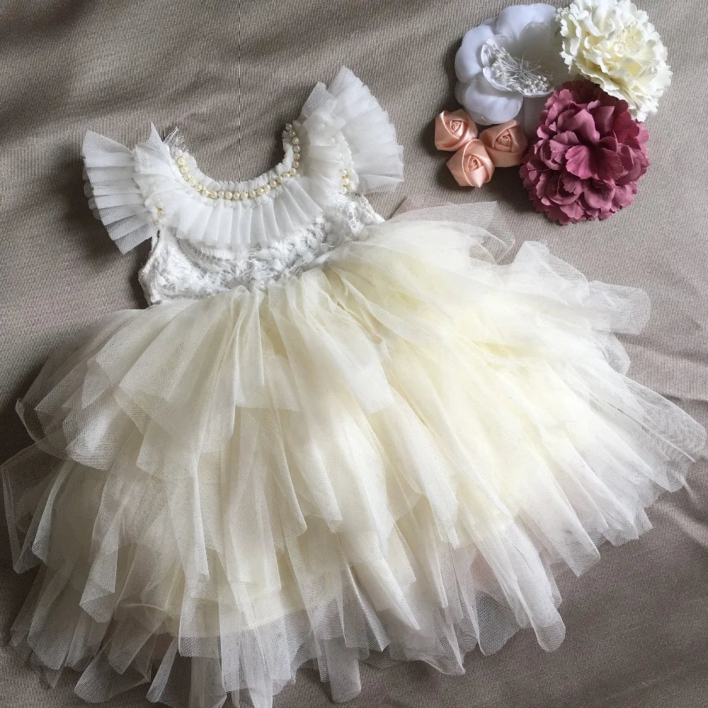 Spanish Toddler Girls Beading Dress for Baby Baptism Dress Birthday Kids Flutter Sleeve Tutu Princess Vestido Clothing
