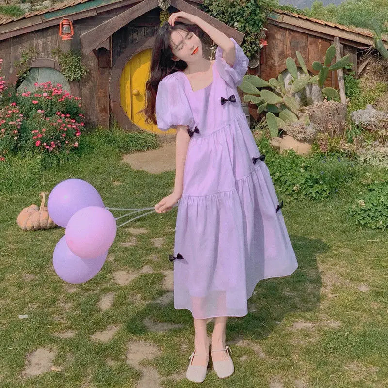 French Square Neck Puff Sleeve Dress Women Mesh Bow Loose Long Summer New Purple Dresses Female