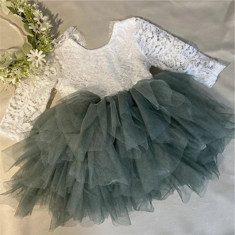 Toddler Girl Ruffles Bridesmaid Dress for Kids Lace Open Back Long Sleeve Tutus Flowers Girls Wedding Costume Clothing