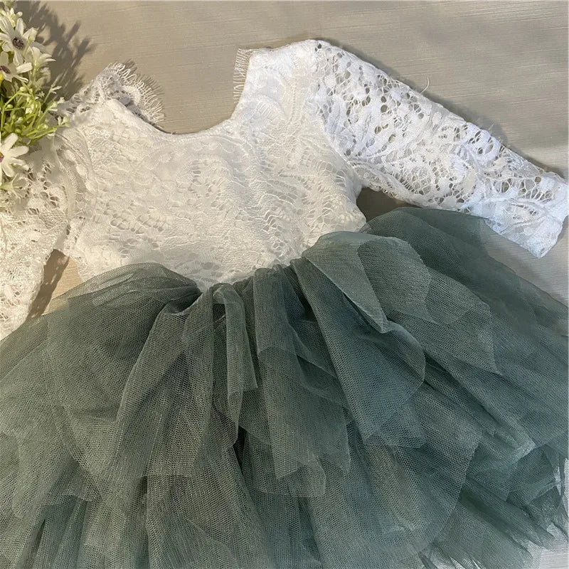 Toddler Girl Ruffles Bridesmaid Dress for Kids Lace Open Back Long Sleeve Tutus Flowers Girls Wedding Costume Clothing