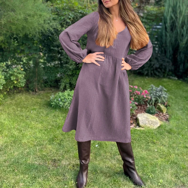 Casual 100% Cotton Women'S Dresses Muslin Sexy V-Neck Long Sleeve Elegant Maxi Dress Midi Robe Female Clothing