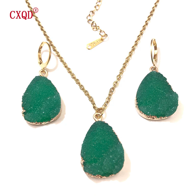 Fashion Cute Lady Water Drop Stainless Steel Resin Pendant Earring Necklace Combination Sweet Multicolor Girl Jewelry Party Gift