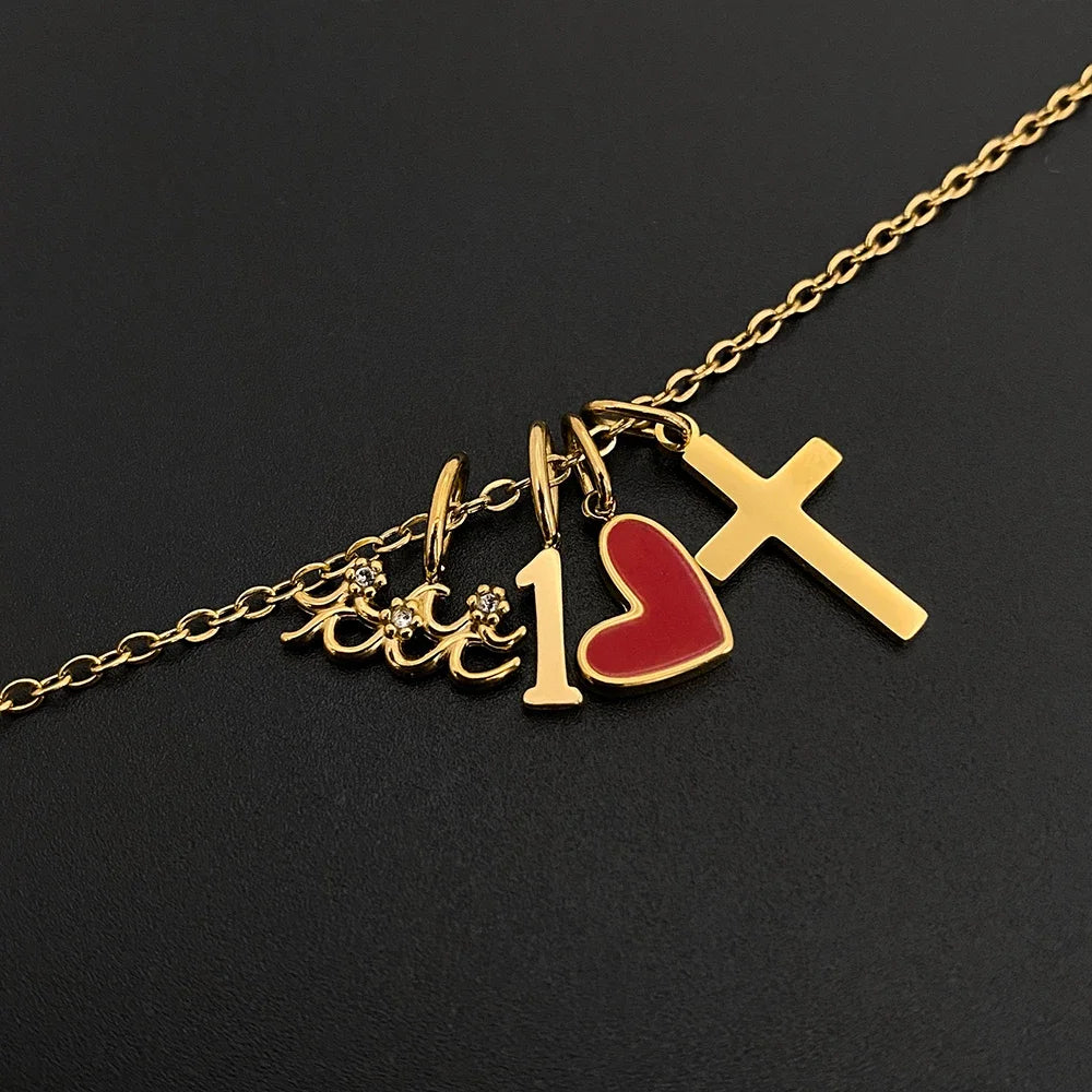 Emanco Gold Color Stainless Steel Necklace Romantic Style Heart Cross Zircon Elements Occasion Trendy Statement Jewelry