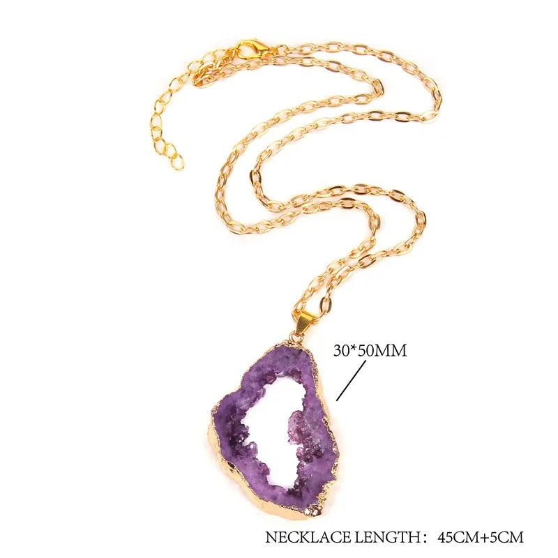Metal chain healing energy necklace for women Dyed Natural crystal agat druzy crystal Minerals gem stone pendant charm necklace