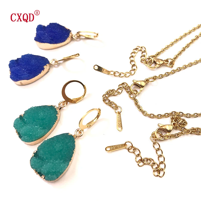 Fashion Cute Lady Water Drop Stainless Steel Resin Pendant Earring Necklace Combination Sweet Multicolor Girl Jewelry Party Gift