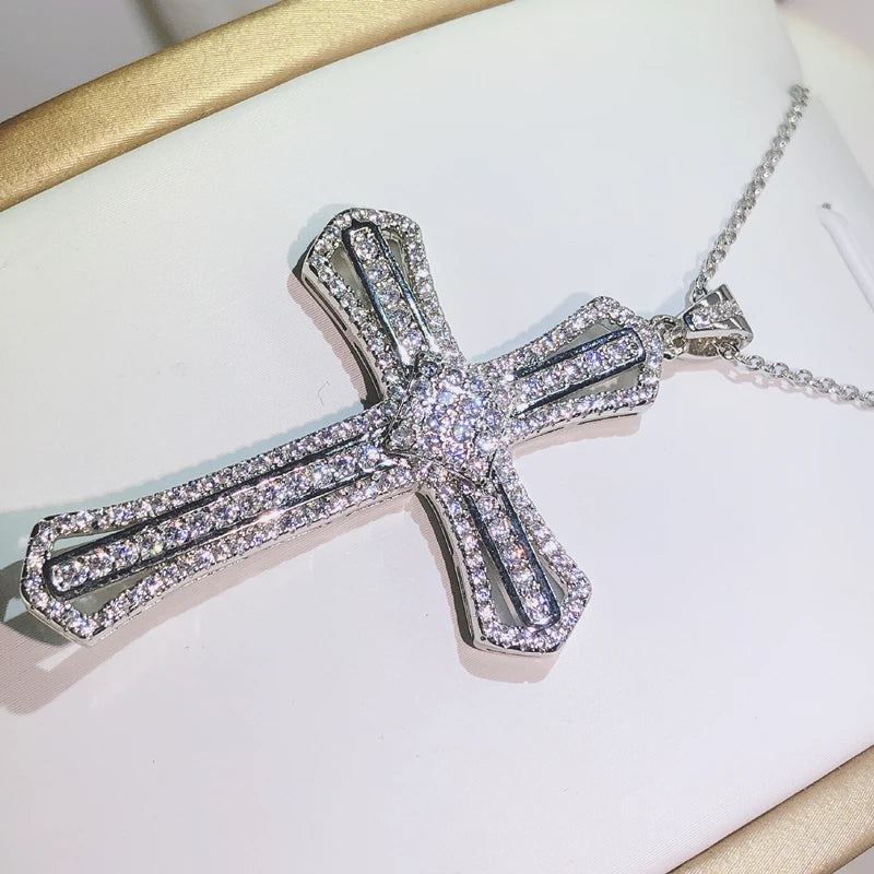 925 Silver Zircon Cross Long Chain Statement Necklace