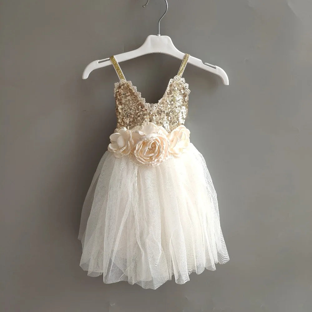 Shinny Flower Girls Christmas Dress for Kids Toddle Party Gown Gold Sequined Layered Tutu Dress Children New Year Dress Clothing
