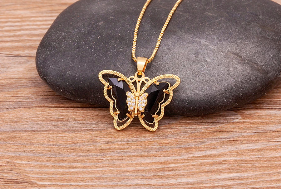 Nidin Top Quality Austrian Crystal Zircon 10 Colors Butterfly Pendant For Women Female Colorful Animal Necklace Jewelry Gifts