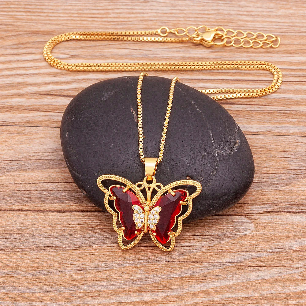 Nidin Top Quality Austrian Crystal Zircon 10 Colors Butterfly Pendant For Women Female Colorful Animal Necklace Jewelry Gifts