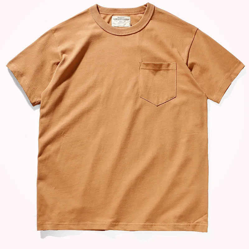 2025 Summer New Pocket T-shirt Men's Short-sleeved Retro Solid Color Simple Round Neck Heavy Weight Washed Old Bottoming Tops