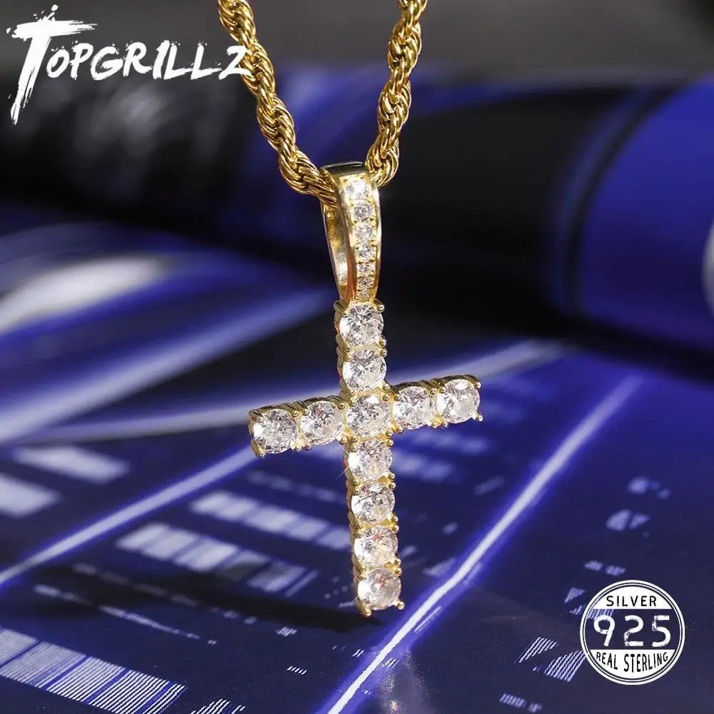Topgrillz Men Women'S Aaa Zircon Micro Cross Pendant Necklace Authentic 100% 925 Sterling Silver Cz Hip Hop Jewelry For