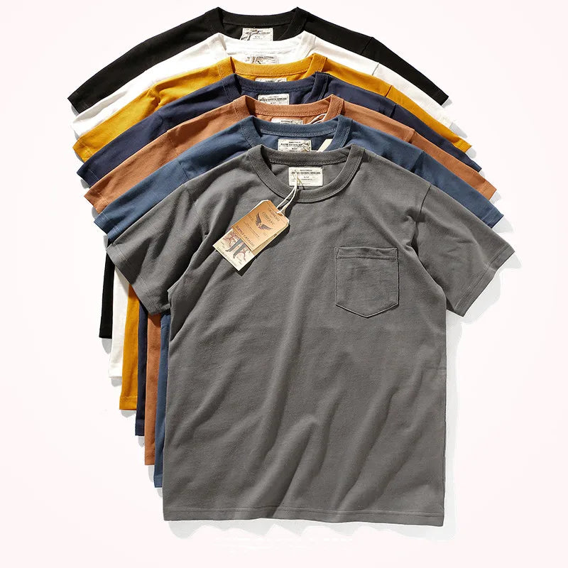 2025 Summer New Pocket T-shirt Men's Short-sleeved Retro Solid Color Simple Round Neck Heavy Weight Washed Old Bottoming Tops