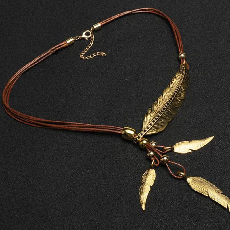 Bohemian Leaf & Feather Rope Chain Pendant Necklace