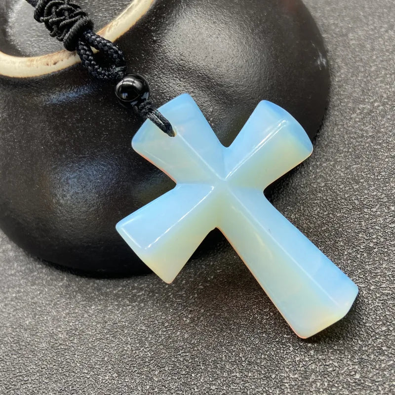 Joya Hand Carved Gemstone Cross Pendant Necklace For Men & Women'S With Adjustable Rope Quartz Crystal Jesus Punk Jewelry