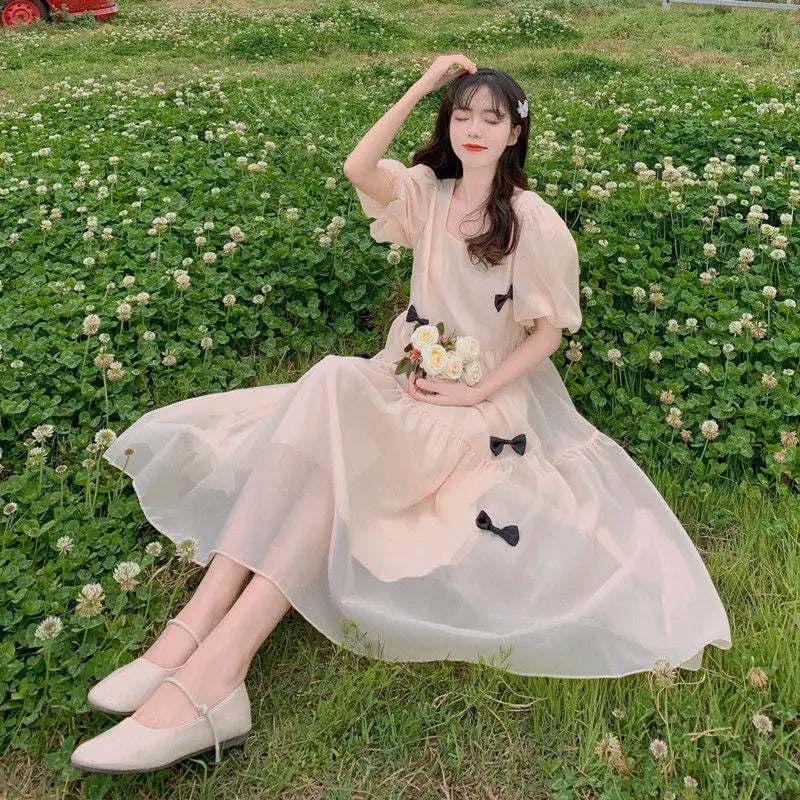 French Square Neck Puff Sleeve Dress Women Mesh Bow Loose Long Summer New Purple Dresses Female