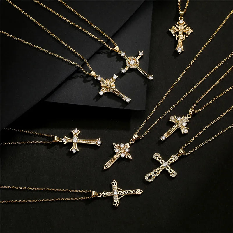 Newbuy Gold Color Jesus Cross Pendant Stainless Steel Chain Necklace For Women'S Men Classic Design Christain Jewelry
