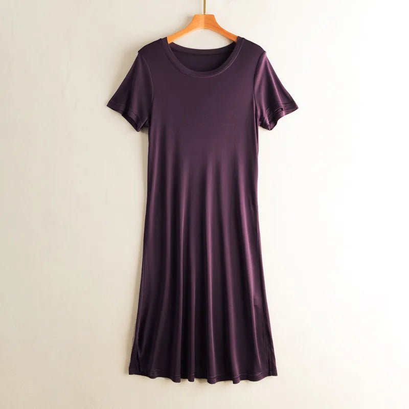 Knitted Silk Dress Solid Color Large Medium Long Mulberry Silk Short Sleeve Round Neck Bottomed Skirt