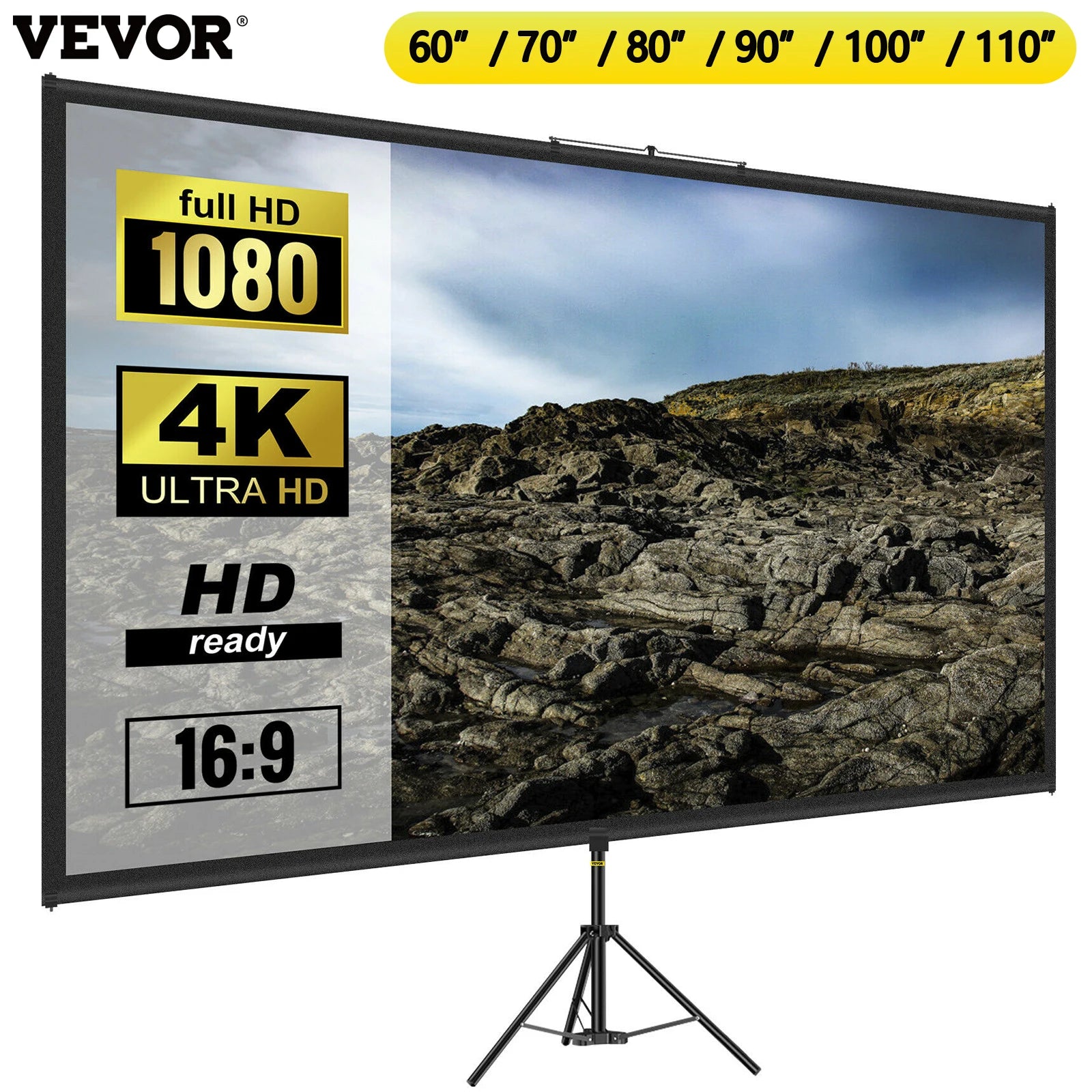 SucceBuy 60 70 80 90 100 110 in Tripod Projector Screen W/ Stand 16:9 4K HD Portable Home Cinema for Indoor & Outdoor Projection