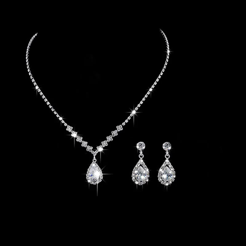 Bridal Jewelry Set Glamorous Crystal Rhinestones Necklace Earrings Silver Plated For Brides