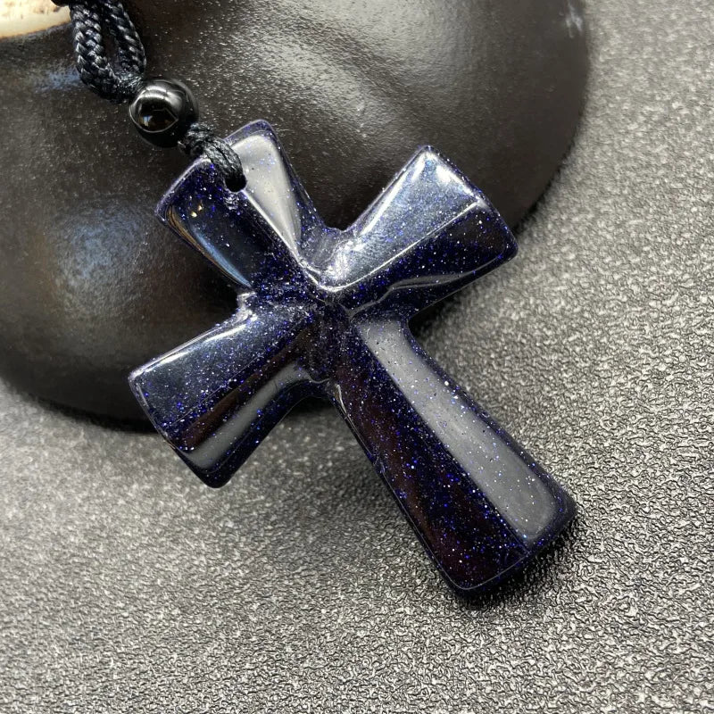 Joya Hand Carved Gemstone Cross Pendant Necklace For Men & Women'S With Adjustable Rope Quartz Crystal Jesus Punk Jewelry