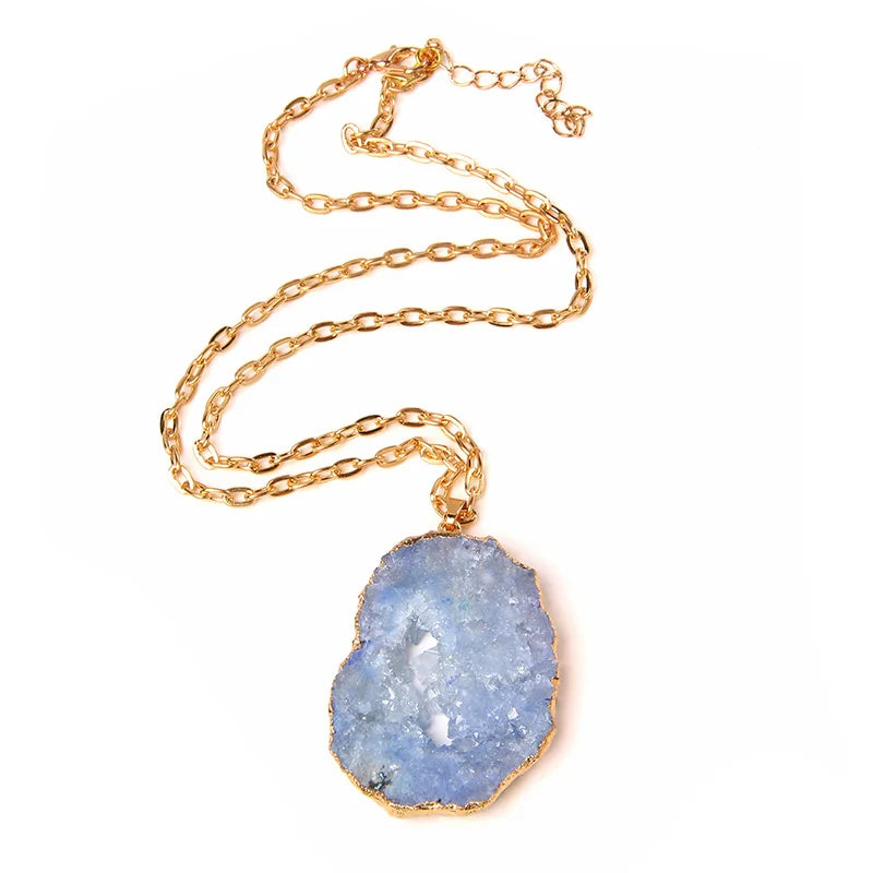 Metal chain healing energy necklace for women Dyed Natural crystal agat druzy crystal Minerals gem stone pendant charm necklace