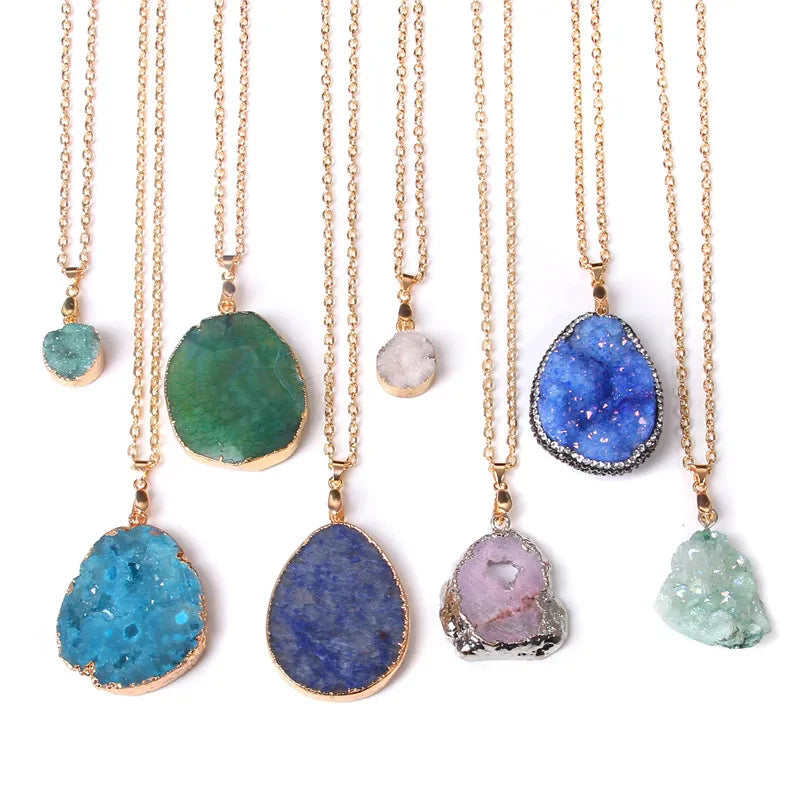 Metal chain healing energy necklace for women Dyed Natural crystal agat druzy crystal Minerals gem stone pendant charm necklace