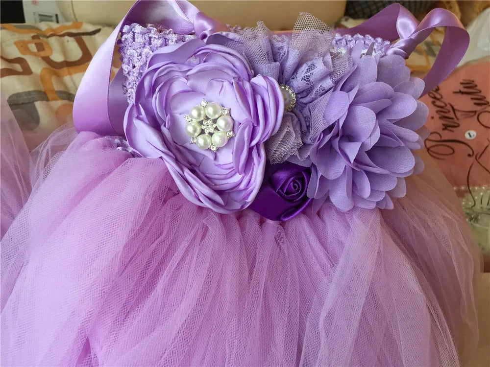 Lovely Girls Dirty Pink Tutu Dress Kids Crochet Flower Dress with Straps and Roses Children Birthday Party Cosplay Costume Dress