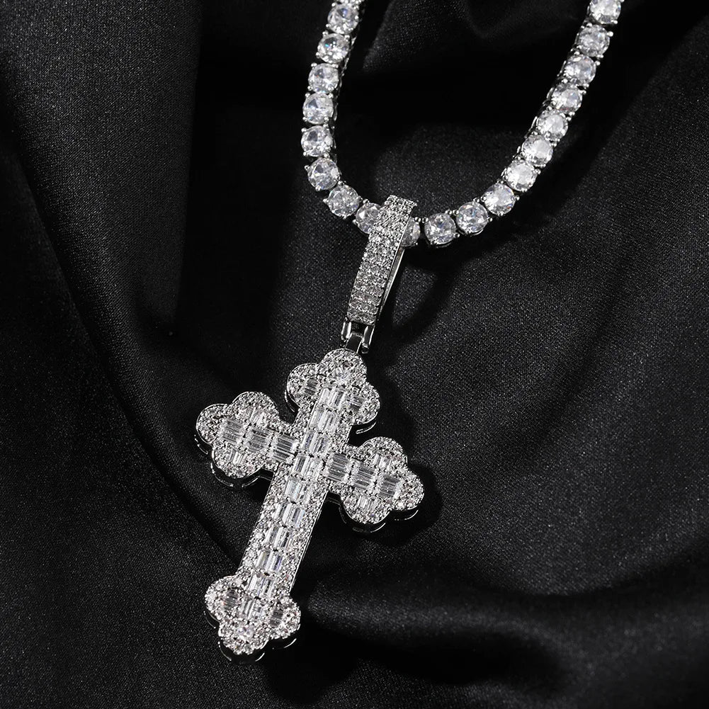 New Fashion Pvd Gold Plated Iced Out Bling 5A Cross Pendant Necklace Twisted Singapore Chain Hip Hop Jewelry For Men