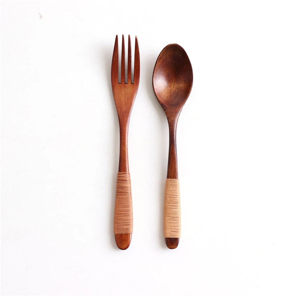 2 Cucharas y Tenedores de Madera Natural para Cena, Kit de Utensilios para Arroz, Sopas, Cereales, Hecho a Mano, Vajilla para Mesa de Hogar, Cubiertos para Cocina